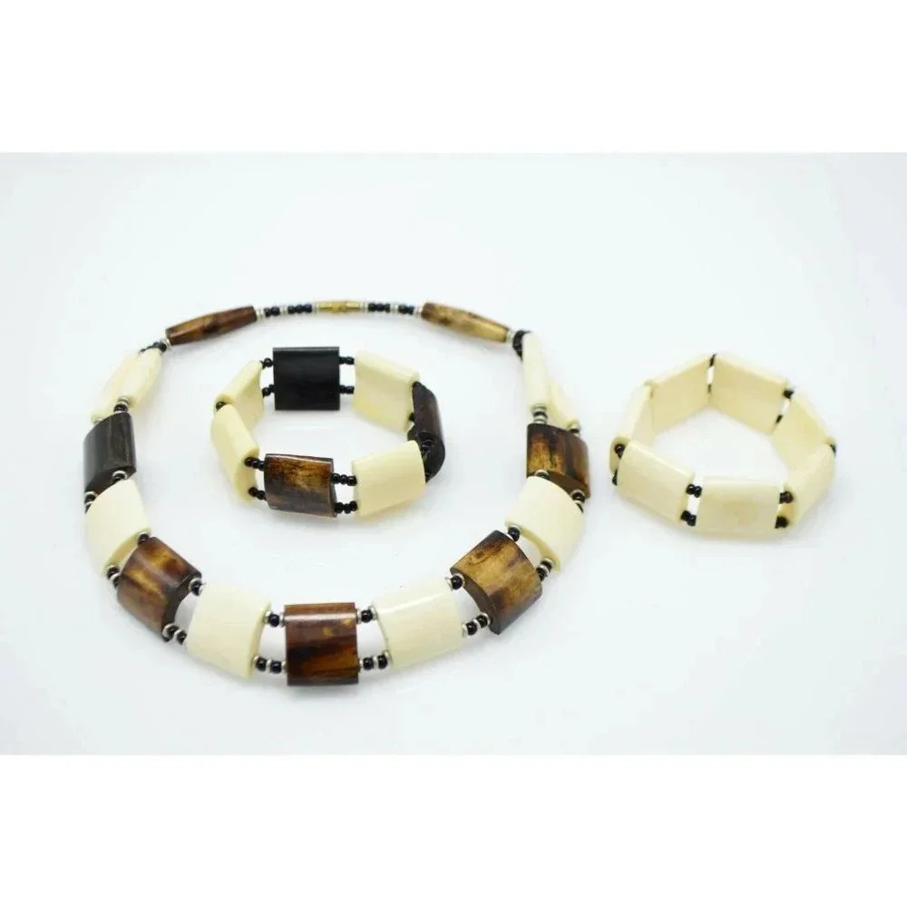 Tibet Brown Beige Bovine Bone Choker Necklace Set